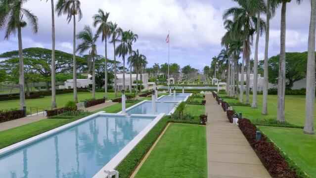 A view of fountain pools near Laie Hawaii Temple. Terraces with pools near Laie Hawaii Temple in Oahu, Hawaii. Maternity fountain near Laie Hawaii Temple.