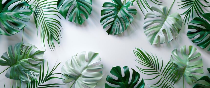 3d wallpaper white and green leaves, monstera leaf background wall art print, wallpaper design for interior mural painting, tropical plant texture, nature wall art