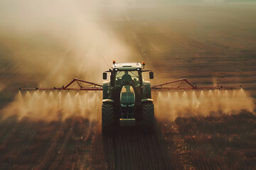 irrigation tractor driving spraying or harvesting an agricultural crop - obrazy, fototapety, plakaty
