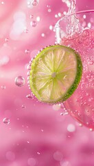 Lime Slice refreshing drink with Bubbles on Pink Background - obrazy, fototapety, plakaty