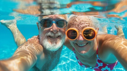 Joyful Senior Couple with Goggles Taking a Dip in Pool - Powered by Adobe