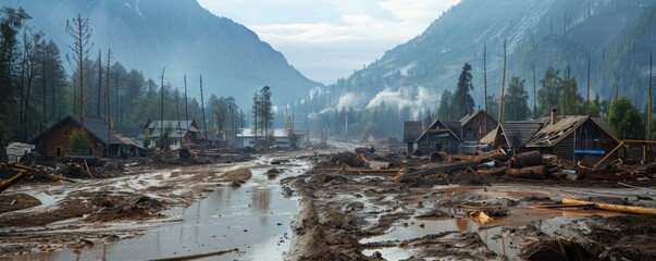 Mudslide aftermath in a mountain village natures reshaping - obrazy, fototapety, plakaty
