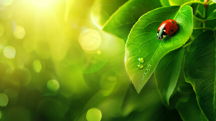 ladybug on green leaf background panorama
