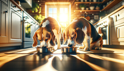Two beagles eating in sunny kitchen setting - obrazy, fototapety, plakaty