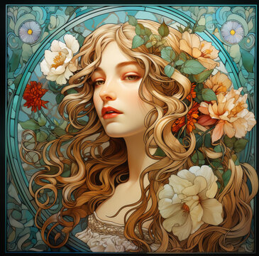 Generative ai illustration of a beautiful woman surrounded by flower