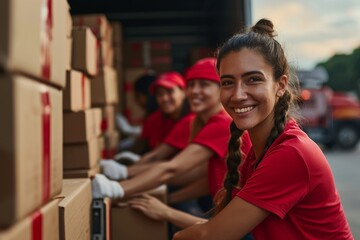 Volunteers work at a charity foundation, a refugee assistance center. A group of happy people unload cardboard boxes and donation boxes from the car for distribution to those in need.