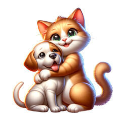 Cat hugging a dog. Best friends. Isolated on transparent background, png. Wonder and joy theme. Cartoon illustration.