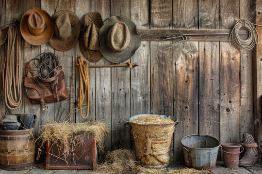 Vintage cowboy gear on a weathered barn wooden wall