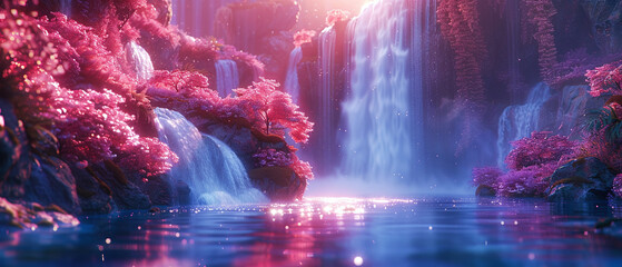 A fantasy scene of a neon waterfall in a vibrant, surreal landscape, close up, symbolizing waters grace