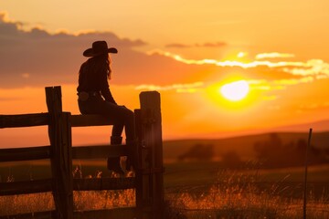 Cowgirl sitting on a fence during a stunning sunset in the countryside