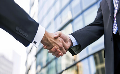 Two businessmen in suits shake hands outdoors, in front of ofice building, successful business deal, new cooperation