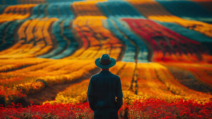 A farmer using a neonglowing, waterefficient irrigation system on a surreal, vibrant crop field