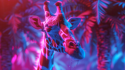 A giraffe in a neon basketball jersey dunking in a dreamy, fantasy forest, vibrant and close up - obrazy, fototapety, plakaty