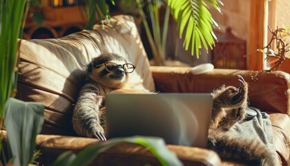 Naklejka premium Relaxed Sloth with Sunglasses Using Laptop