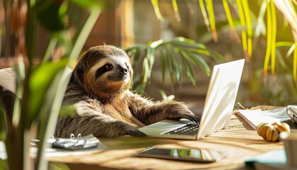 Fototapeta premium Relaxed Sloth with Sunglasses Using Laptop