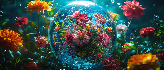 Obraz na płótnie Canvas A globe surrounded by neon water droplets, each carrying a national flower, blooming together for water sustainability