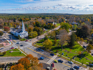 Wrentham historic town center aerial view at Town Common including Congregational Church and...