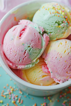 Bright multi-colored ice cream balls in a white cup. Summer holidaymood. Summer solstice day.