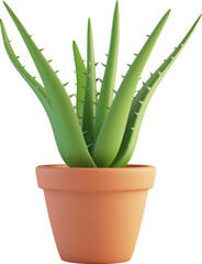 3D illustration cute Aloe vera plant in clay pot icon symbol. Cartoon pastel minimal style.
