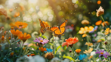 banner background from the butterflies in the garden - obrazy, fototapety, plakaty