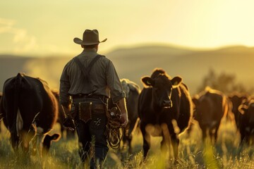 Cowboy leading cattle at sunset in open field