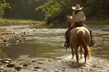 Cowgirl riding a palomino horse across a river in the countryside
