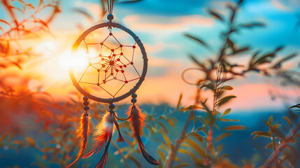 A dream catcher with feathers and a blue background, dreamcatcher hanging against a bright sky backdrop ,Beautiful dream catcher on blue background with lights
 - obrazy, fototapety, plakaty