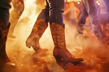 Vibrant dance floor scene with swirling dust and focus on cowboy boots