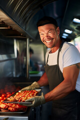 Photo of a smiling, cheerful male cook in a chef's apron preparing grilled steaks, barbecue, hot meat dishes, against the background of the kitchen of a  street restaurant