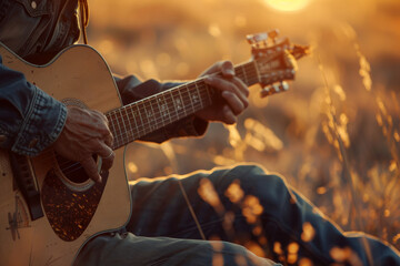 Man playing guitar in the serene countryside during a golden sunset - obrazy, fototapety, plakaty