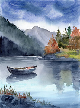 Watercolor illustration of a wooden fishing boat on a tranquil lake with flattering mountains in the background (This illustration was drawn by hand without the use of generative AI!)