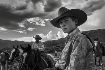 Young cowboys with horses in a western landscape under a dramatic sky