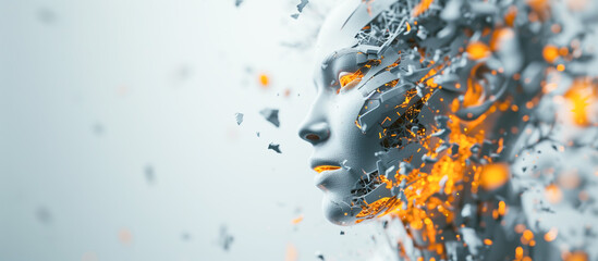 background with a futuristic head of a humanlike robot burning from the inside - obrazy, fototapety, plakaty