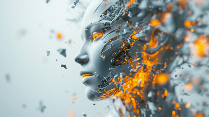 futuristic head of a humanlike robot burning from the inside