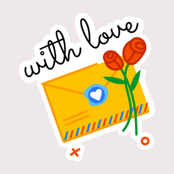 Ready to use flat sticker depicting romantic letter envelope 