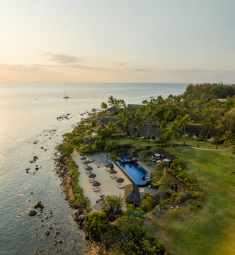 Aerial view of Oberoi Beach hotel, Balaclava, Mauritius.