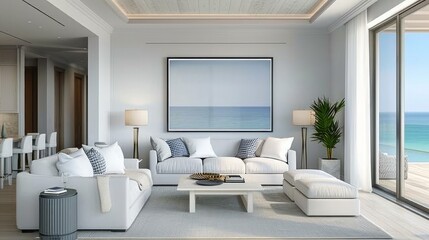 frame mockup of a comfortable living room design with beach view outside, French coastal house style, white wall background, 3d render, 3d illustration