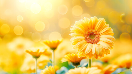 Obraz premium Spring flower composition with close up yellow gerbera on blurred flower garden background with bokeh and sunny light. Springtime. Natural blossoming holiday background. Copy space