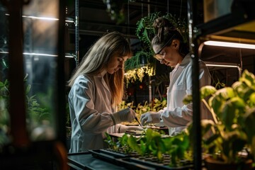 Two women in a greenhouse standing next to each other, observing plant specimens as part of botanical research activities