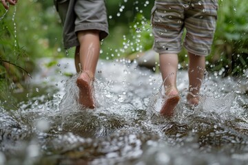 A couple wade through water, their feet splashing as they walk