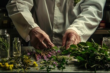 A person wearing a white coat meticulously arranges flowers - obrazy, fototapety, plakaty