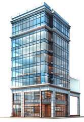 Modern office building isolated transparent, urban highrise cityscape, high tower tech company firm exterior for architecture visual concept design asset, cutout blue facade skyline city block element