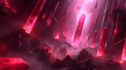 Epic Battle in Alien Crystal Cave with Glowing Red Crystals and Mysterious Lights