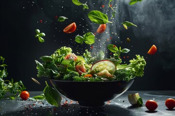 A black bowl filled with fresh lettuce and vibrant red tomatoes - Powered by Adobe