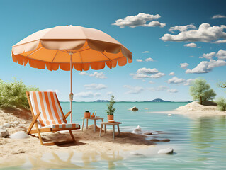 sand White podium display with palm tree for product presentation, summer beach with blue sea and sky background. Generative ai