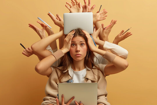 Young woman office worker with a lot of work.