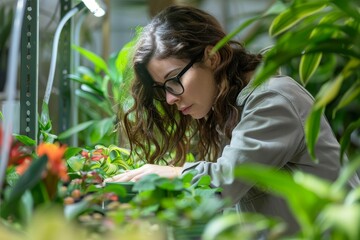 A woman is carefully examining various plants in a greenhouse setting, surrounded by lush greenery - obrazy, fototapety, plakaty