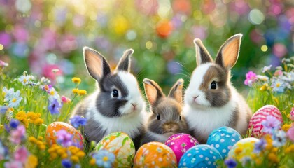 3D rendering baby bunny family, adorable big eyes, on a colorful flower meadow with painted easter eggs