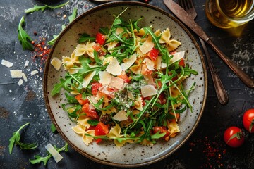 A bowl filled with pasta and vegetables sits atop a table, showcasing a delicious and healthy meal option