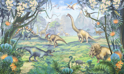 Watercolor dinosaur wallpaper for boys, Dinosaur illustration, tropical jungle wall murak, kids room illustration, Dino Park, Blue-Yellow 